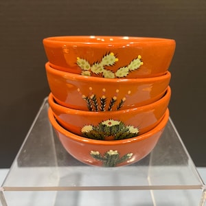 Vintage Set of 4 Clay Cactus Bowls - Hand Made and Hand Painted Bowls with Cactus -Signed by Artist Pluma - Prickly Pear  -Saguaro