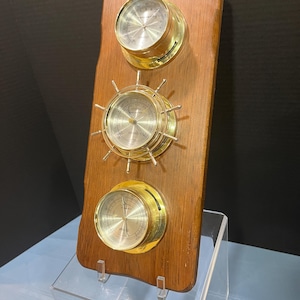 Vintage Springfield Wood Weather Station - Hygrometer (Humidity) - Thermometer - Barometer - Ship Wheel Design  - Wall Mount