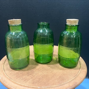 Vintage Set of 3 Mickey&#39;s Green Glass Grenade Barrel Bottles