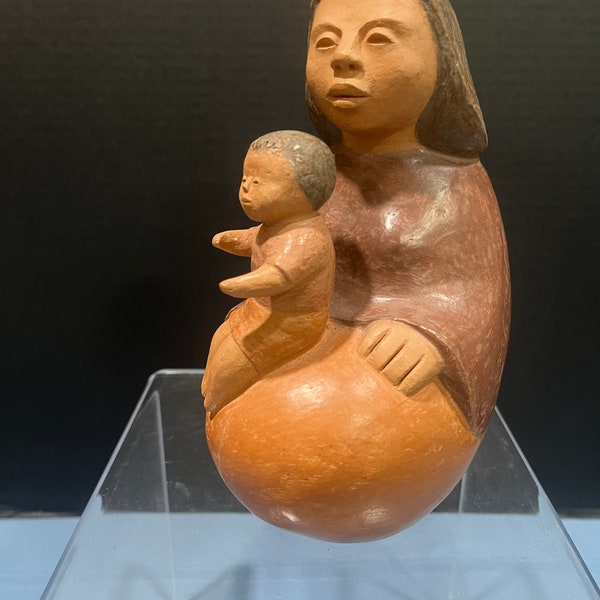 Vintage Ceramic Native Chilean Mother with Child Figure - Signed by Artist Catalan  - 1981