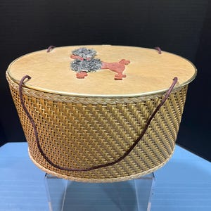 Vintage 1950's Poodle Sewing Basket - Gold/Bronze Colored Weave Wicker Basket w/ Lid - Brown/Black Poodle on Lid