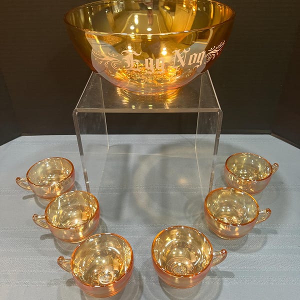 Vintage Jeannete Glass Marigold Carnival Glass Egg Nog or Punch Bowl Set with 6 Cups