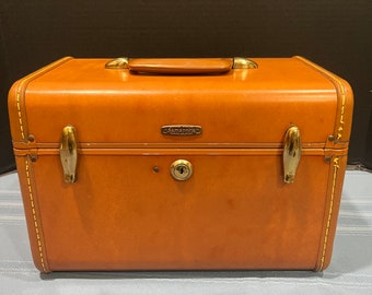 Vintage Samsonite Shwayder Bros. Brown Leather Hard Case Train Case - Original Tray and Mirror - Super Clean -Model 4612