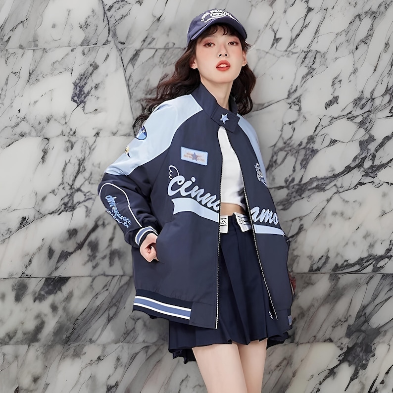 Cinnamoroll Jacket Blue Color, Sanrio Jacket, Varsity Jacket, Racing