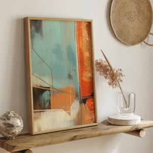 May include: Abstract painting in a wooden frame with a teal, orange, and brown color scheme. The painting is hanging on a wooden shelf with a vase of dried flowers and a small ceramic pot.