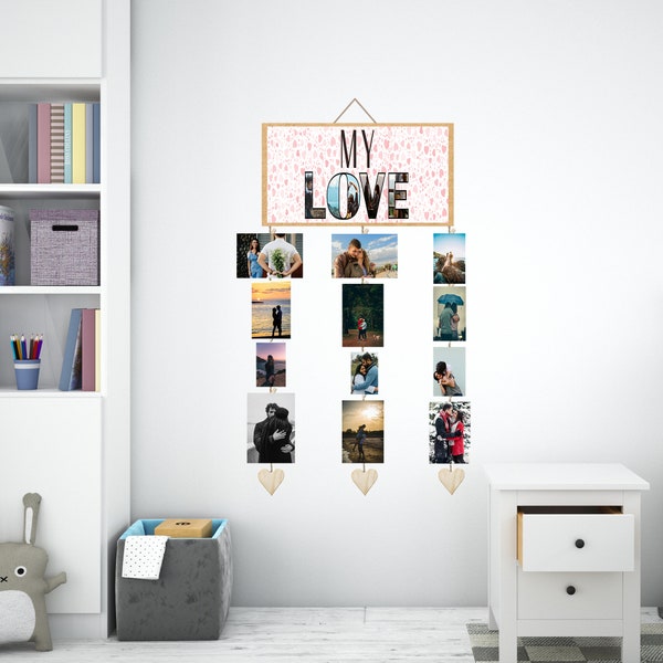 Fotoaufhängung, Jubiläumsgeschenk, Personalisierte Geschenke Holz Foto WandDisplay mit Mini Wäscheklammern Fotocollage Hochzeitstag Geschenk