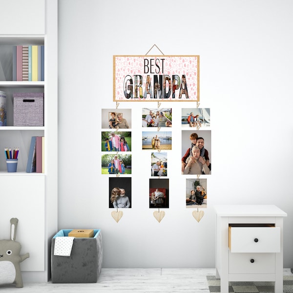 Bildhalter, Fotoaufhängung, Jubiläumsgeschenk, Personalisierte Geschenke Holz Foto Wand Display mit Mini Wäscheklammern, Grandpa, Opa, Oma