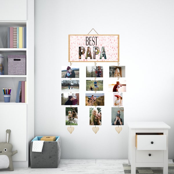 Bildhalter, Fotoaufhängung, Jubiläumsgeschenk, Personalisierte Geschenke Holz Foto Wand Display mit Mini Wäscheklammern, Grandpa, Papa, Mama