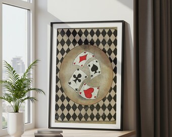 intage Playing Cards Wall Art, Harlequin Diamond Pattern Poster, Retro Casino Decor, Alice in Wonderland Style Print