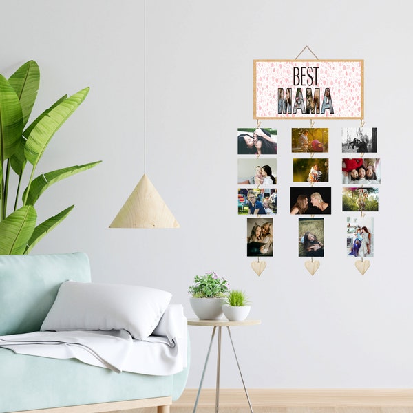 Bildhalter, Fotoaufhängung, Jubiläumsgeschenk, Personalisierte Geschenke Holz Foto Wand Display mit Mini Wäscheklammern, Grandpa, Opa, Mama