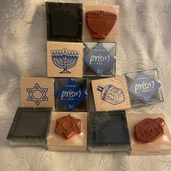 Vintage 1996 Hanukkah Stamps Set.  Choice of 3 Designs: Jewish Star, Dreidel, Menorah  Wood Top Stamper and Royal Blue Prism ink pad.  New