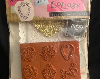 1996 Rubber Stamp and Collage Hearts and Flowers Rubber Stampede Kit 6 rubber stamps, black ink pad, assorted papers and findings.  New