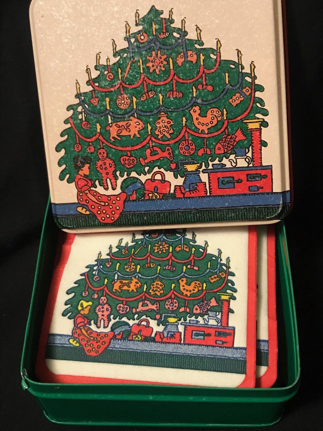1980s Metropolitan Museum of Art Christmas Tin With Paper Coasters