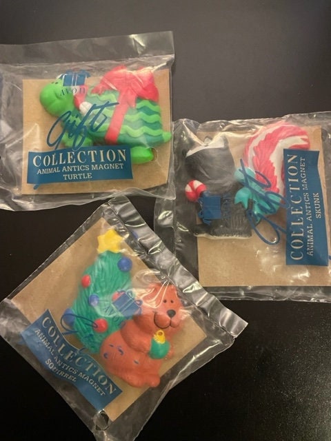 Vintage Avon Collections Animal Antics Magnets Choice of 3: Turtle, Skunk, Squirrel.  All animals are Christmas Theme animals.  Resin Magnet