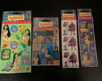 1995 Sandylion Pocahontas Stickers. 4 designs: Prismatic Mini  Maxi Kromekote Maxi Activity Pocahontas, John Smith, Percy, Meeko, Flit New