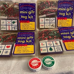 Inkadinkado Holiday Mini Gift Tag Kit Choice of 4 sets. Tree, Mitten, Star, Snowman. 6 rubber stamps, mini ink pad, 8  tags gold ties New