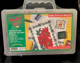 Inkadinkado 1995 Holiday Floral Card Making Rubber Stamping Kit. Poinsettia, Joy to the World, Garland, and Holly Stamps. Plastic case New