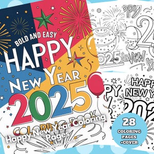 28 Happy New Year 2025 Digital Coloring Pages . For Kids . Printable JPG Pages . Digital Download