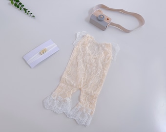 Nyföddfotorekvisita, Babyflicka, Spädbarnsfotorekvisita, Fototillbehör, Babyfotooutfit, Spetssparkdräkt med pannband