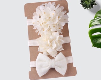 Set of 3, Bow Flower Nylon Headband Set, baby headband, Big Bow Headband, Skinny Nylon Headband, Bow Headband, Baby Headband Pack