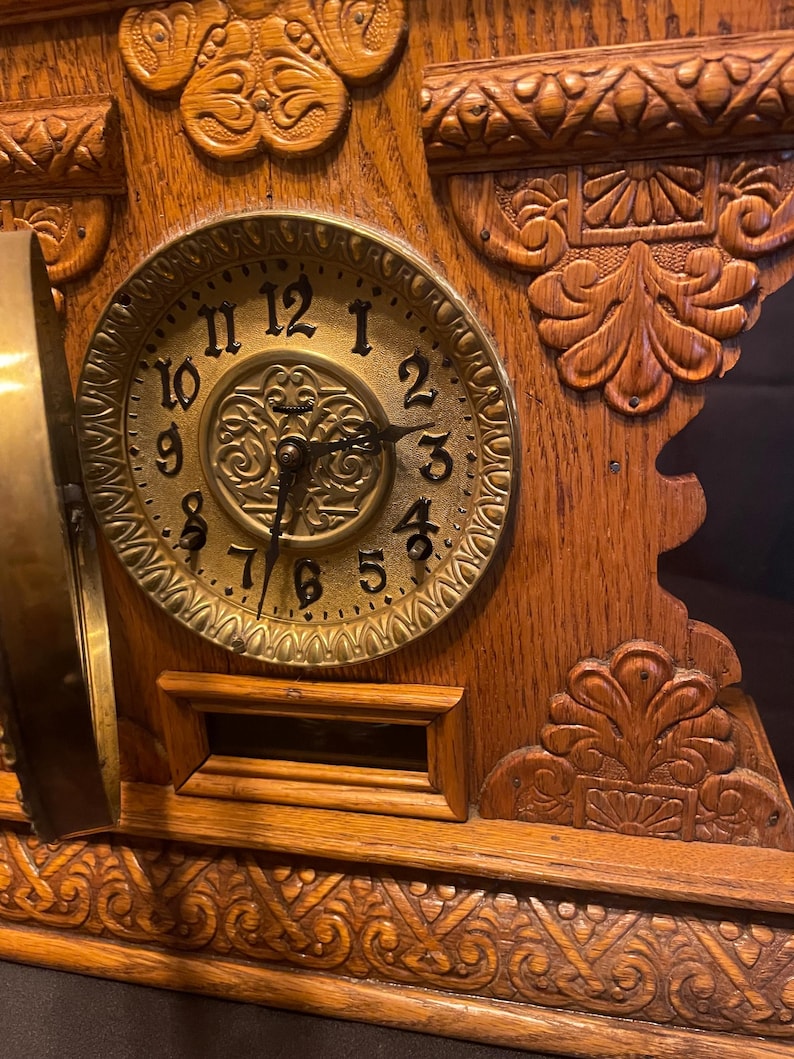 Antique Clock Wooden Oak Case Etsy