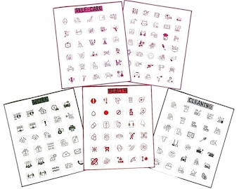 May include: Five sheets of stickers with black and white line drawings. The sheets are labeled "SELF-CARE", "WORK", "HEALTH", and "CLEANING". The "WORK" sheet includes the text "TIME DUE!" and "MEAL PREP!"