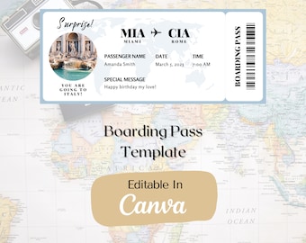 Bewerkbare instapkaartsjabloon, afdrukbaar vliegticket, Canva-instapkaart verrassingsreis, digitale download DIY-instapkaart