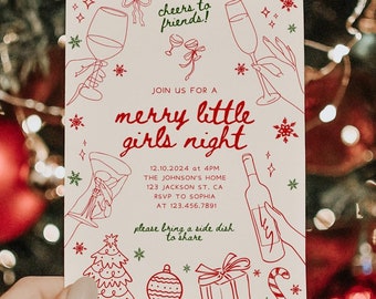 Christmas Girls Night In Invite, Holiday Christmas Bow Party Invite Editable Christmas Coquette Invitation, Secret Santa Doodle Hand Drawn