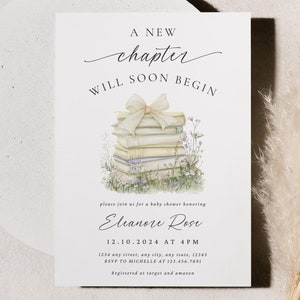 Storybook Baby Shower Template Invite, Book Themed Baby Shower Editable Party A New Chapter Is About To Begin, Neutral Shower Set Floral Bow