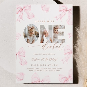 Faire-part premier anniversaire Coquette avec noeud rose, 1er anniversaire pour filles, Faire-part 1er anniversaire Little miss Onederful avec photo, ruban bohème