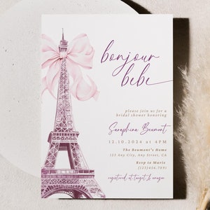 Kokette rosa Bogen Bonjour bebe Duscheinladung, Bonjour Bébé Babyparty einladen, Eiffelturm, Pariser Café, Paris-Babyparty boho rosa