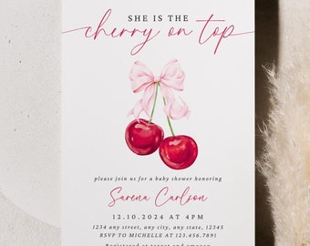Cherry Baby Shower Invitation , Cherry on top Invite, Modern Baby Shower Invite, Coquette, Pink bow berries Minimal Girl Baby Shower Soft