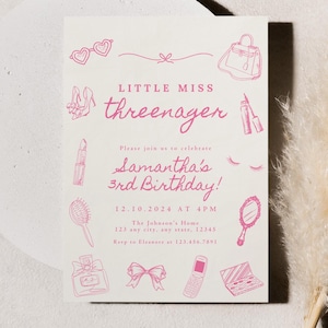 Little Miss Threenager, 3rd Birthday Party Invitation, Girls Makeup Three Theme Pink Coquette Invite Girly Doodle Hand Drawn Minimal Bow
