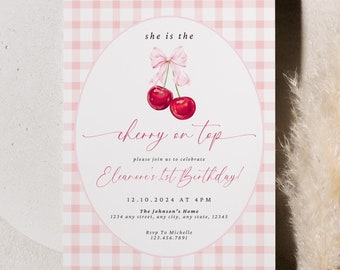 Cherry 1st Birthday Invitation, Cherry On Top 1st Birthday, Coquette Gingham Bows And Cherries, Girls 1st Birthday Invite, Cherry Birthday