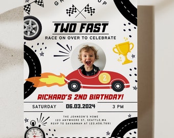 Invitation Two Fast Birthday, grandir Deux voitures de course rapides pour le 2e anniversaire Invitation à deux voitures de course Fast 2 Curious avec photo, 2e anniversaire