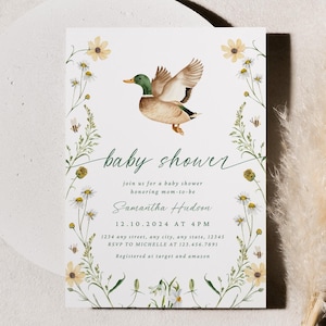 Duck Baby Shower Invitation, Mallard Duck Baby Shower Invite, Floral Template, Duck Hunting Invitation, Boho Minimalist, Duck Baby Shower
