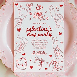 Galentine's Day Invite, Editable Valentine's Party Text Invitation Template, Galentine's Girls Night, Doodle Hand Drawn Cupid Coquette