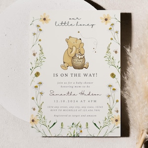 Classic Winnie the Pooh Baby Shower Invitation, Winnie The Pooh Gender Neutral Baby Shower Invite, Boho, Floral, Pooh Baby Shower Ideas
