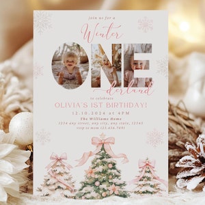 Winter ONEderland-verjaardagsuitnodiging, roze kerstmeisje 1e verjaardag, eerste ONEderland-feest met foto, vakantieverjaardag, boho