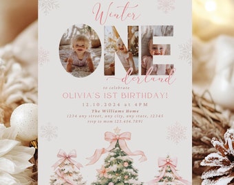 Invitación a la fiesta de cumpleaños de Winter ONEderland, primer cumpleaños de niña de Navidad rosa, primera fiesta de ONEderland con foto, cumpleaños festivo, estilo boho