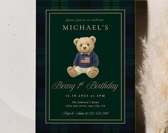 Invitación de primer cumpleaños de osito de peluche estilo preppy vintage, invitación editable clásica de tartán para primer cumpleaños de niño, plantilla de oso de estilo ecuestre