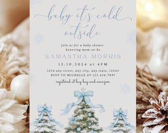 Może przedstawiać: Białe zaproszenie na baby shower z niebieskimi płatkami śniegu i akwarelową ilustracją trzech zasypanych śniegiem sosen. Tekst brzmi "baby it's cold outside" i zawiera datę, godzinę i miejsce imprezy. Zawiera również imię przyszłej mamy, Samantha Morris, oraz informacje o RSVP.
