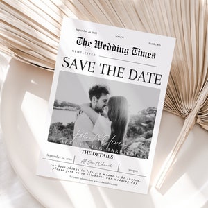 Save The Date Hochzeit Zeitung Vorlage, Save The Date Zeitung Programm Vorschlag, druckbare Hochzeitseinladung, Digitale Hochzeitsvorlage