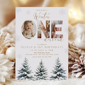 May include: A white invitation card with gold lettering for a winter wonderland themed first birthday party. The invitation features a photo of a baby girl in the number "one" and the text "Join us for a Winter One-derland to celebrate Olivia's 1st Birthday! 12.10.2024 at 4PM The Williams Home 1234 any street, any city, any state, 12345 RSVP to mom 123.456.7891".