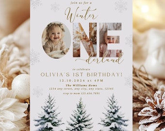 Winter ONEderland Birthday Party Invitation, Christmas Boho Girl Boy 1st Birthday, First ONEderland Party with Photo, Holiday Birthday, Boho