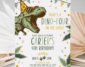 Dino-Four-Geburtstagseinladung, bearbeitbare Dinosaurier-Geburtstag einladen, T-Rex-Geburtstag, Dino-Party, Dinosaurier-Digital-Einladung, Boho, bearbeitet werden