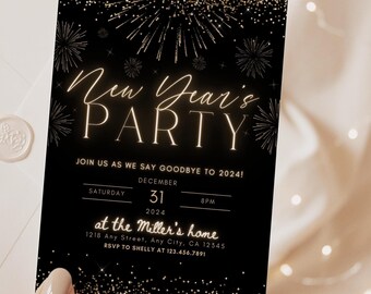Invito alla festa di Capodanno, modello di invito alla festa di Capodanno, invito alla festa di Capodanno modificabile con fuochi d'artificio neri e dorati, festa di Capodanno