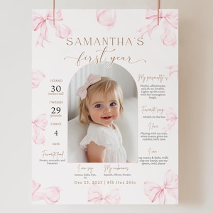 Coquette 1e jaar mijlpaalsjabloon, mijlpaalbord, 18 x 24 Pink Bow-mijlpaalgrafiek, esthetische mijlpaalposter Boho, Blush Pink Minimal