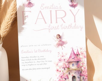 May include: A pink and white fairy-themed first birthday party invitation with a pink castle, flowers, and fairies. The invitation reads "Emilia's Fairy First Birthday".
