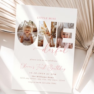 Faire-part premier anniversaire modifiable, 1er anniversaire pour filles, Faire-part 1er anniversaire Little Miss Onederful avec photo, bohème, minimaliste